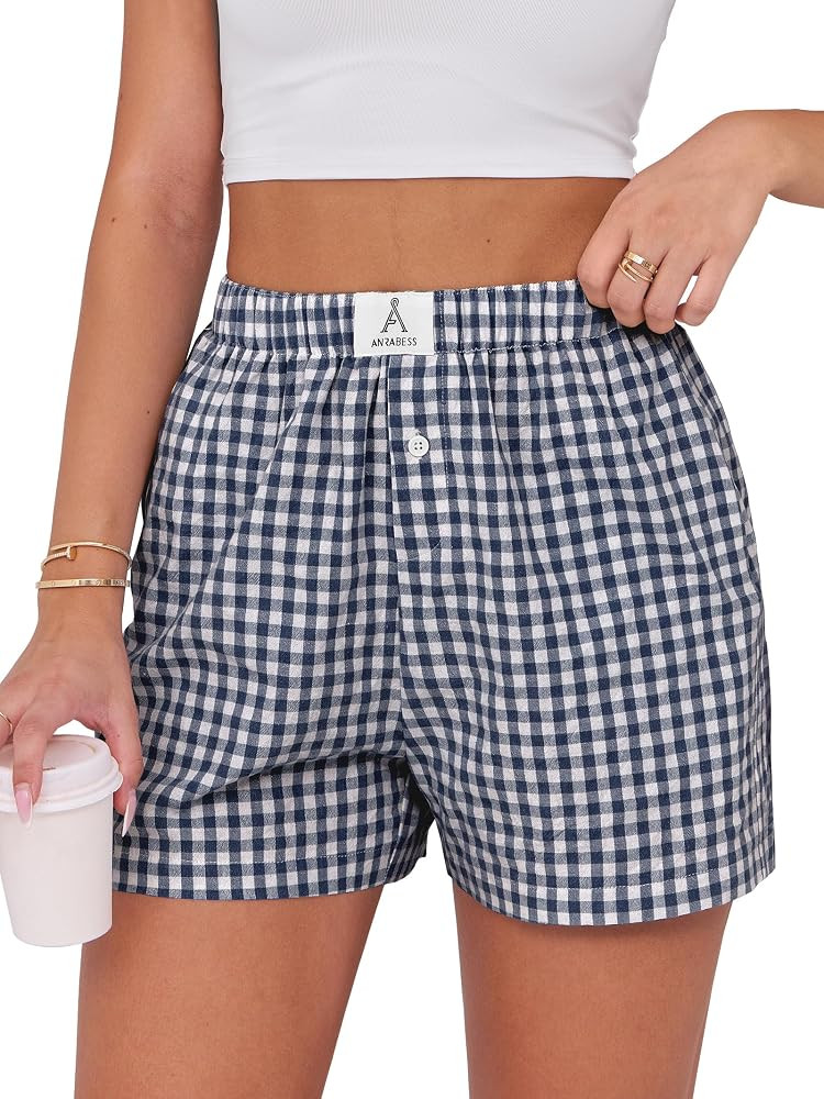 ANRABESS Boxer Shorts for Women Gingham Pajama 2026 Summer Casual Lounge Sleep Plaid Shorts Y2K B... | Amazon (US)