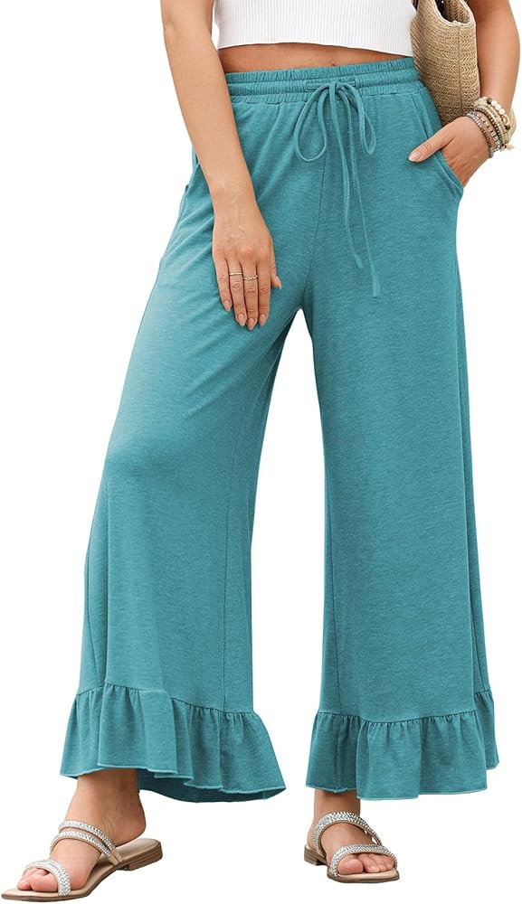 EVALESS Womens Wide Leg Pants Drawstring Elastic High Waisted Ruffle Hem Palazzo Pants with Pocke... | Amazon (US)