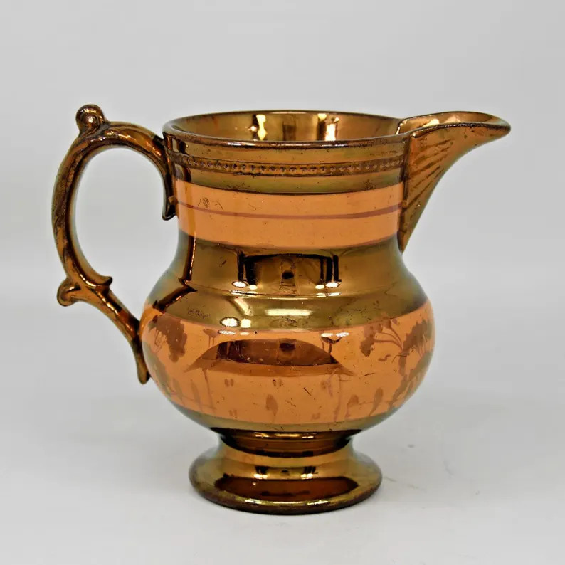 Antique English Copper Yellow Luster Ware 4.5” Pitcher Creamer HP Village c 1850 | Etsy (US)