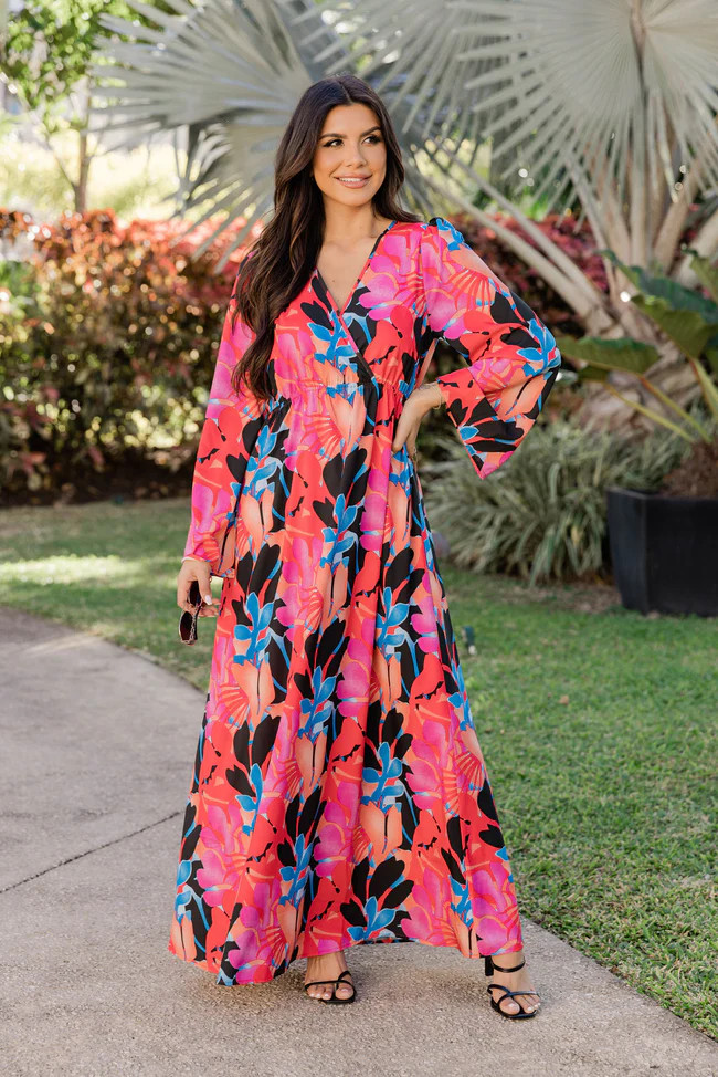 Dance The Night Away Long Sleeve Tropical Black Maxi Dress | Pink Lily