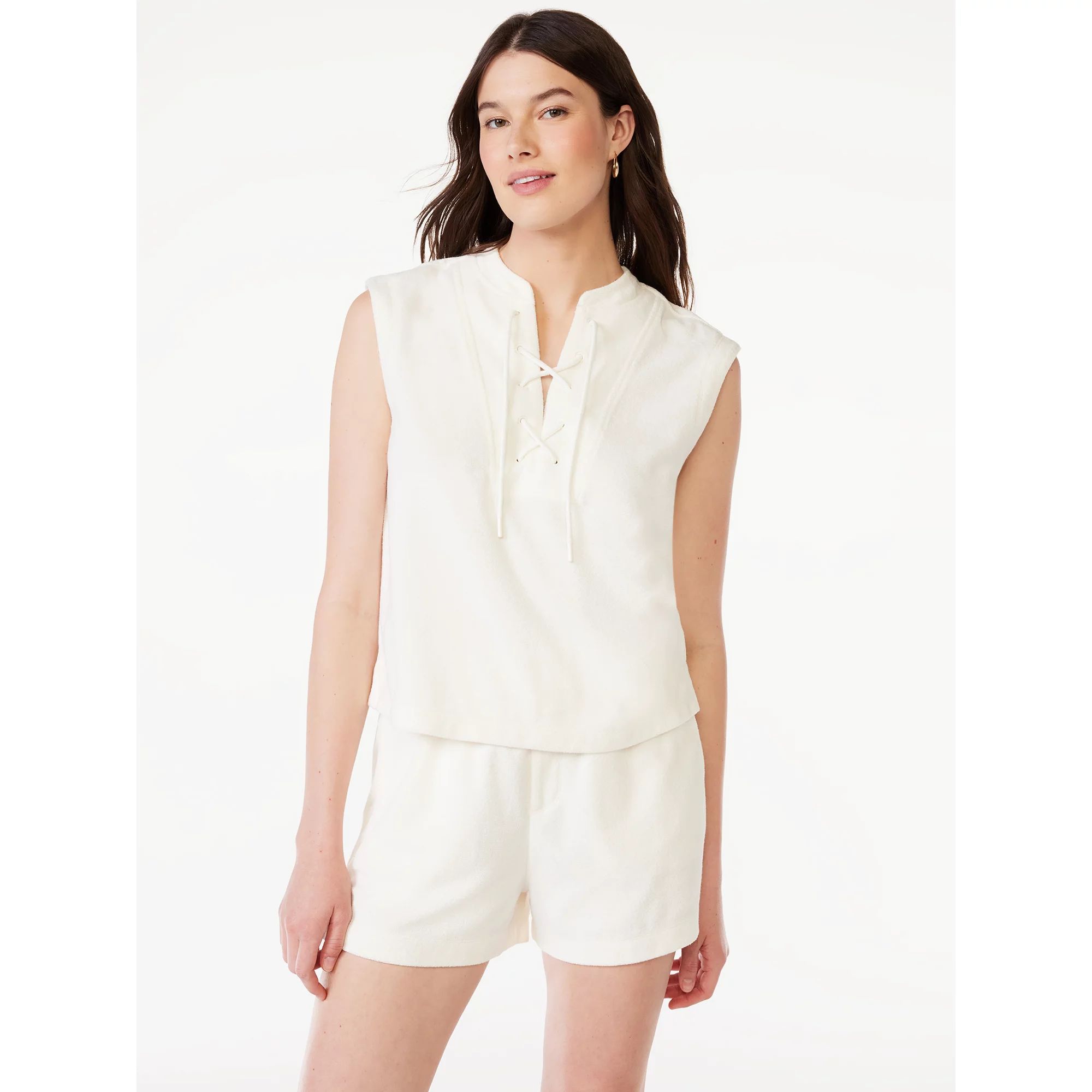 Free Assembly Women's Sleeveless Terry Cloth Lace Up Top, Sizes XS-XL | Walmart (US)