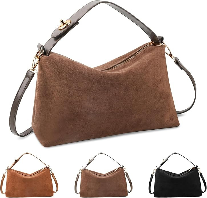 Suede Bag for Women, Slouchy Crossbody Bag Brown Suede Purse Handbag Hobo Tote Bag, Retro Crescen... | Amazon (US)