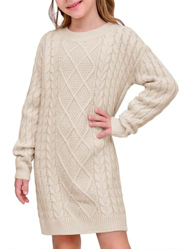 rrhss Girls Cable Knit Long Sleeve Sweater Dress Kids Fashion Fall Tunic Tops Outfits 3-12 Years Beige | Amazon (US)