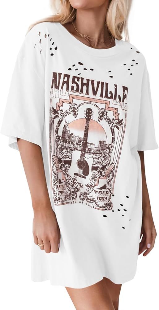 Imily Bela Womens Nashville Oversized T Shirts Country Concert Outfits Hollow Out Guitar Graphic ... | Amazon (US)