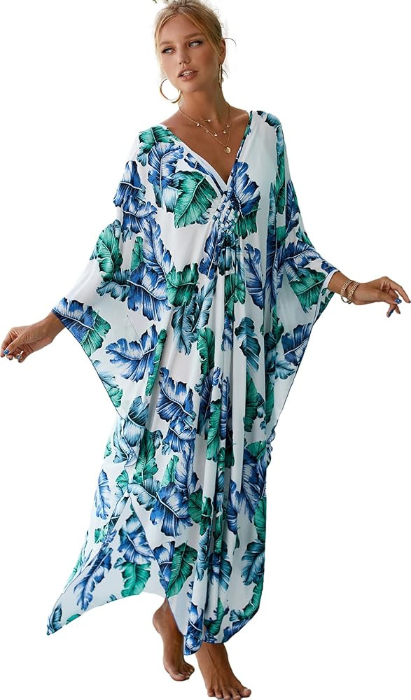 RanRui Women Geometric Print Kaftan Dresses Caftans Loungewear with Waist Drawstring | Amazon (US)