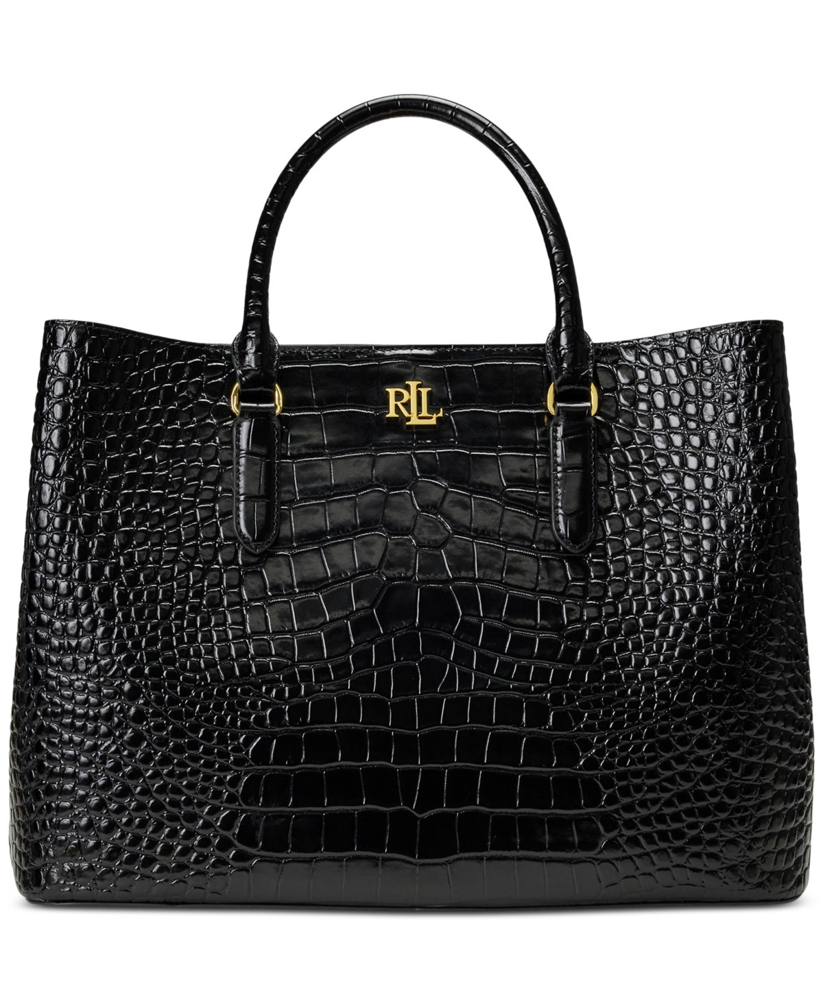 Lauren Ralph Lauren Marcy Large Embossed Leather Satchel Bag - Black/Gold | Macy's