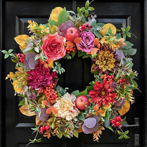 Fall Wreaths for Front Door Outside Autumn Wreath with Flowers, Apples, Berries & Leaves Fall Wreath for Outdoor Wreaths for Front Door, Autumn Decor for Outdoor 24 Inch | Amazon (US)
