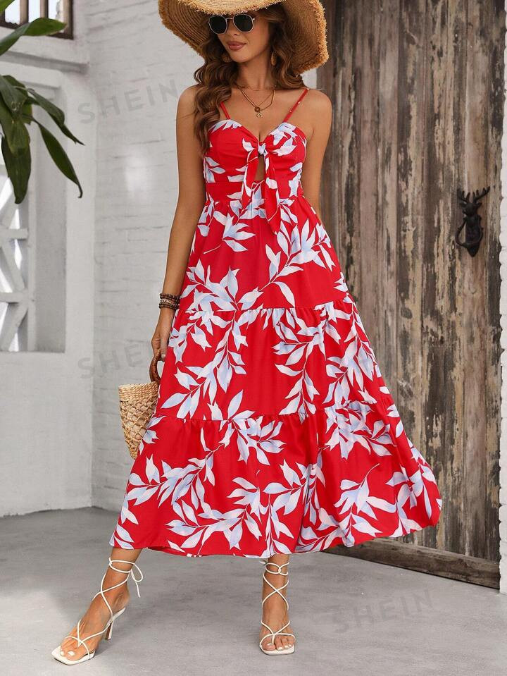 SHEIN VCAY Full Print Knot Front Cami Dress | SHEIN