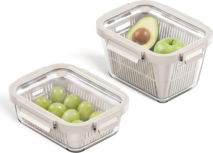 Glass Fruit Storage Containers for Fridge, 2 Set Produce Containers with Removable Colanders & Ve... | Amazon (US)