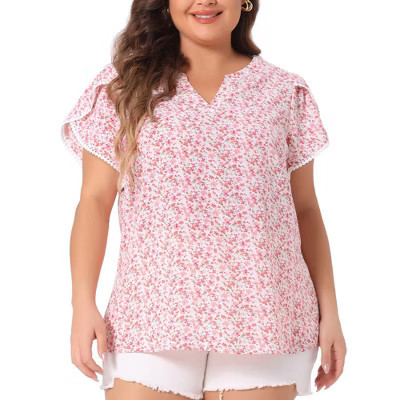 Women's Plus Size Floral Print V Neck Petal Sleeve Casual Basic Blouse - Agnes Orinda 1X Pink | Target
