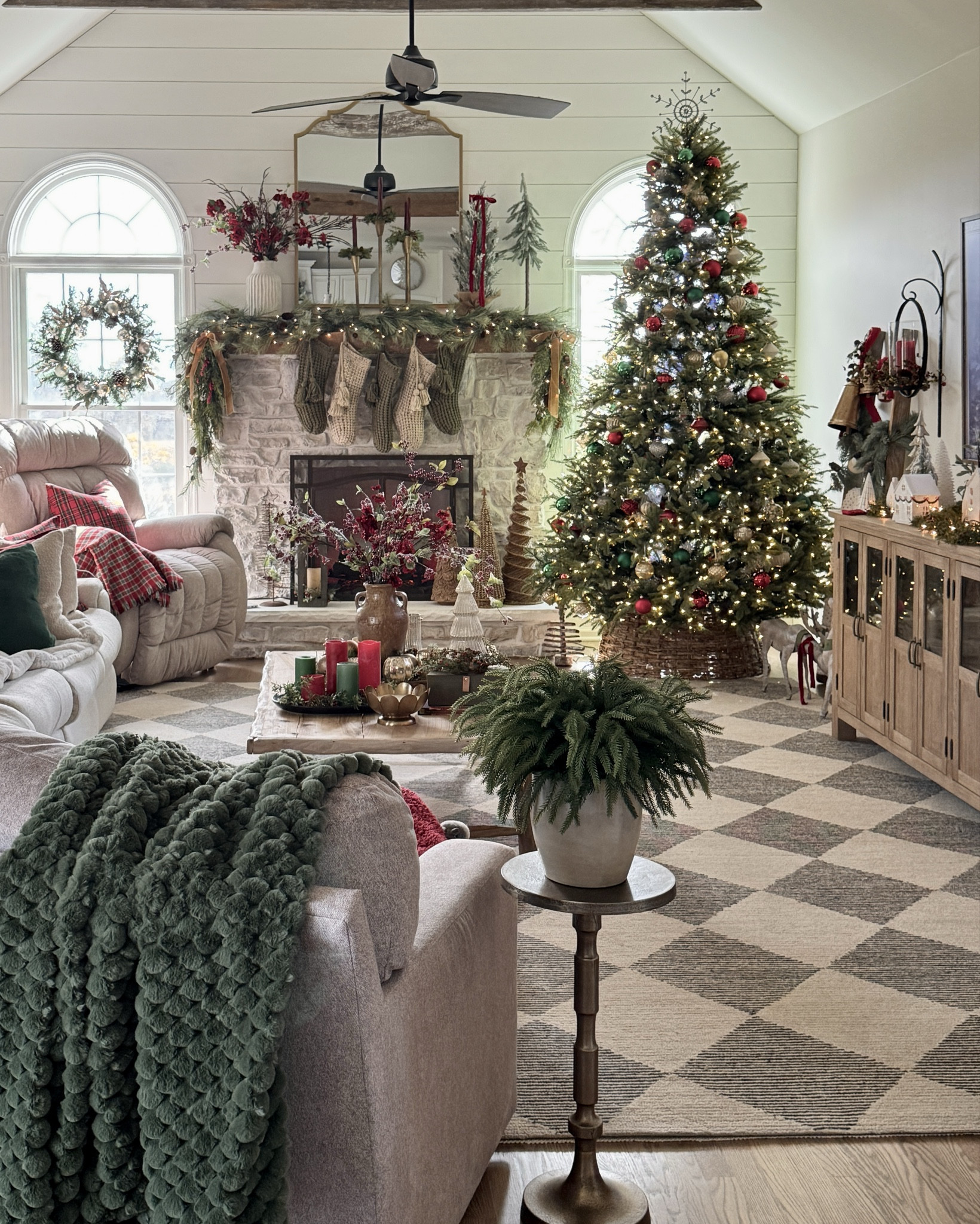Family room styling and decor. Christmas decorations. Area rug, accent tables, throws, pillow covers, large winter wall print, our Balsam Hill tree and more. 

#LTKSeasonal #LTKHome #LTKHoliday