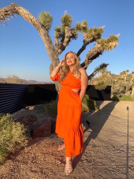 Last night outfit, looks perfect with background views from Yucca Valley. 
I added all gold accessories and a beautiful gladiator sandals. 
#amazonfashion #amazonthedrop #orangedress #spring outfit #LTKFestival 


#LTKSeasonal #LTKstyletip