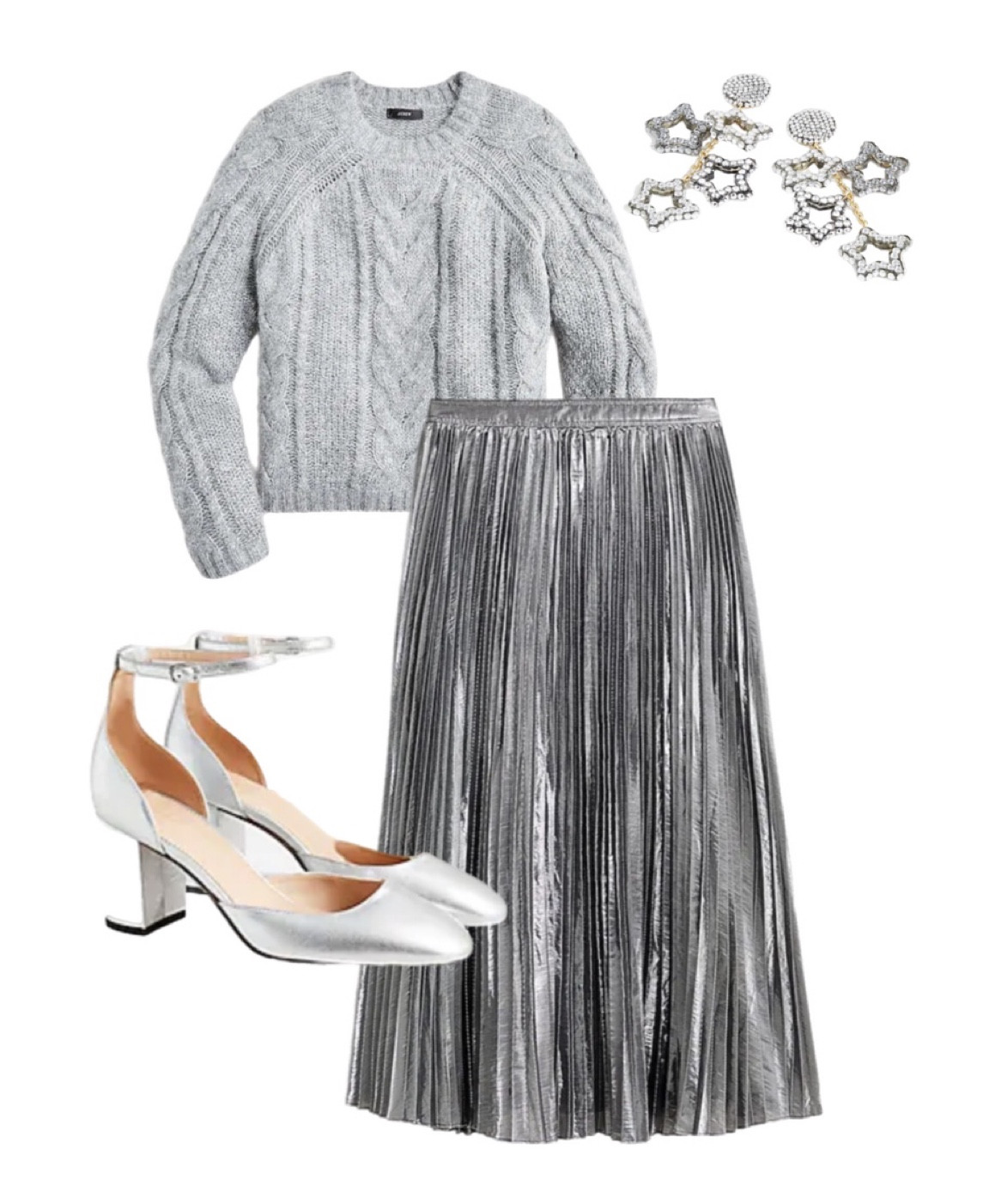 Bought this holiday outfit! Pleated midi skirt, J. crew sweater, silver heels, star earrings. 

#LTKunder100 #LTKCyberweek #LTKsalealert