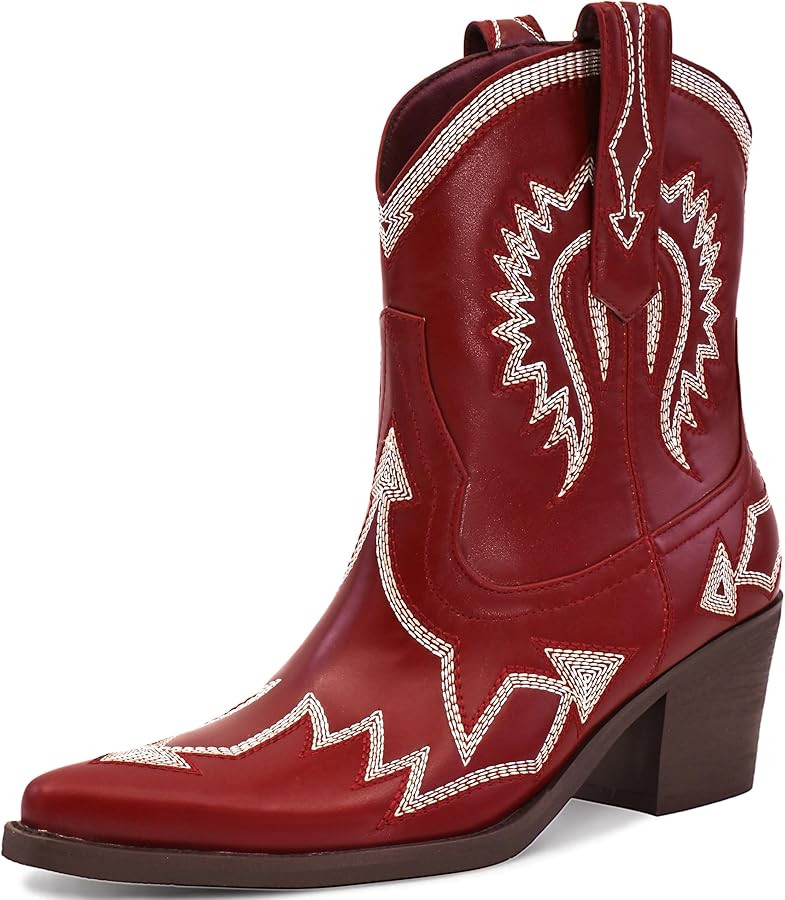Western Boots for Women Metallic Embroidered Pointed Toe Cowgirl Boots Chunky Heel Pull-On Short ... | Amazon (US)