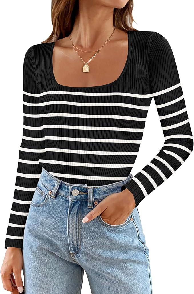 ZESICA Women's Ribbed Long Sleeve Sweater Square Neck Knit Tops 2024 Fall Casual Striped Pullover | Amazon (US)