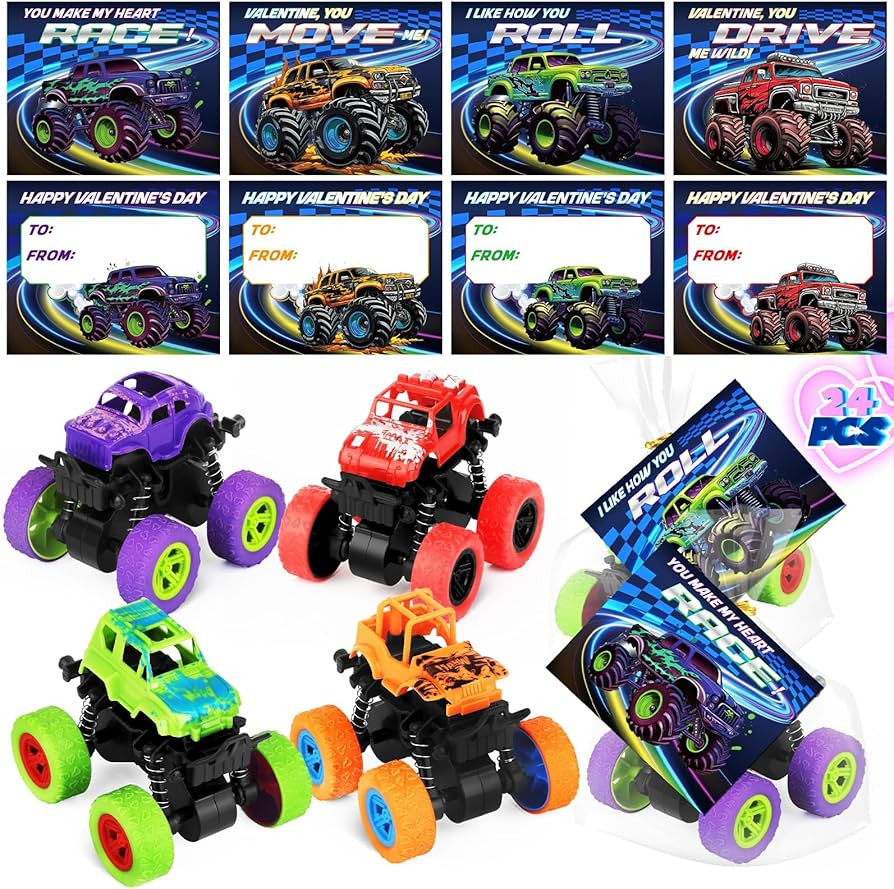 Valentines Day Cards for Kids, 24 Pack Monster Truck Toys with Valentine Cards for Valentine Scho... | Amazon (US)