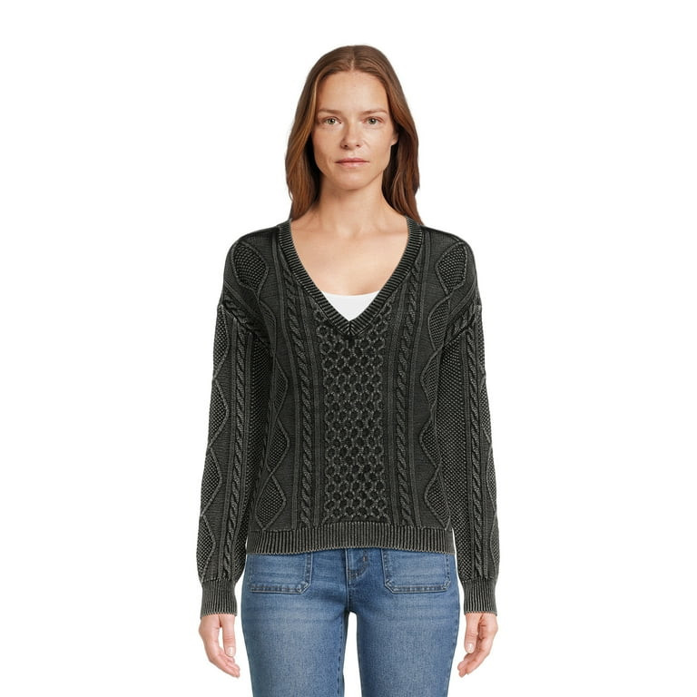 No Boundaries Juniors Washed Cable Knit V-Neck Top | Walmart (US)