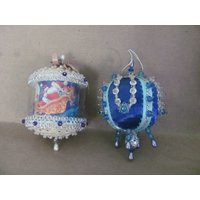 Vintage Handmade Christmas Ornaments, 1960's Jeweled Sequin Blue Beaded Decor, Mid Century | Etsy (US)