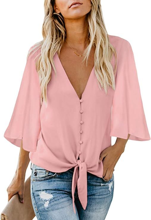 Ecrocoo Women's Casual 3/4 Tiered Bell Sleeve V Neck Print Button Down Loose Tops Blouses Shirt | Amazon (US)