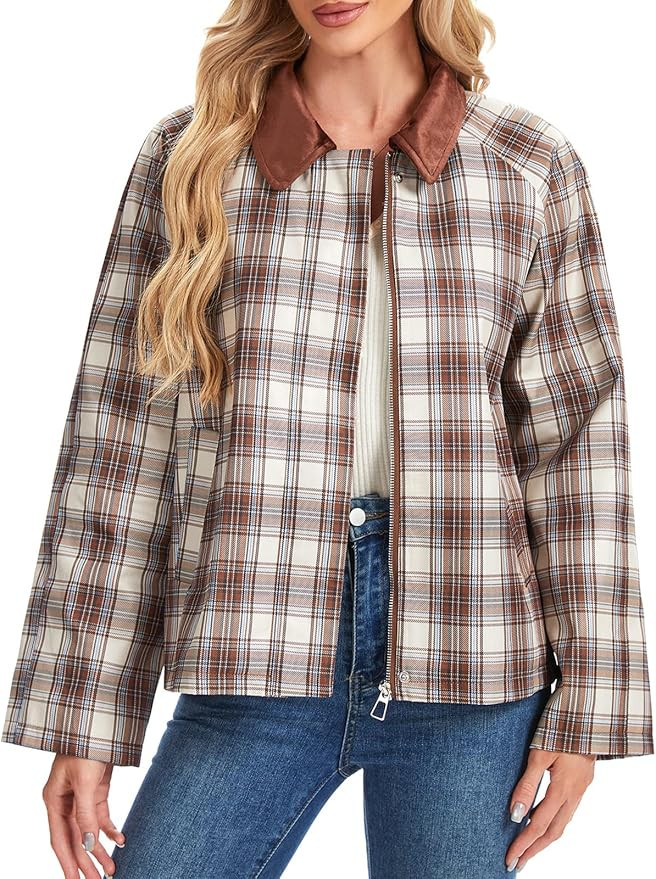 KEOMUD Women's Fall Retro Plaid Jacket Casual Lightweight Faux Suede Collar Barn Jacket for Stree... | Amazon (US)