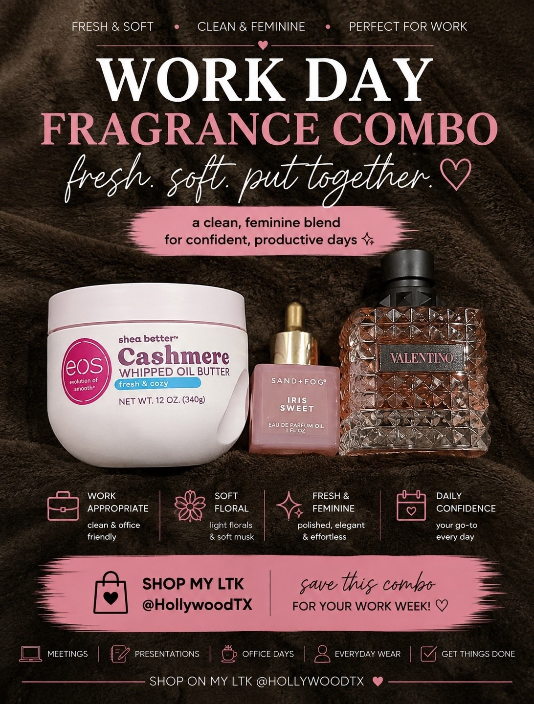 Your work fragrance should smell GOOD without announcing you from three offices away. 😂

I layered EOS Fresh & Cozy Whipped Oil Butter + Sand + Fog Iris Sweet + Valentino Born in Roma for a soft, feminine blend of fresh musk, sweet iris and smooth florals. It’s polished and noticeable without being too much for the office.

Perfect for meetings, presentation days, regular office days or anytime you want to feel a little more put together at work.

Save this combo for your workweek and shop all three on my LTK!

#LTKWorkwear #LTKgrwm #LTKBeauty