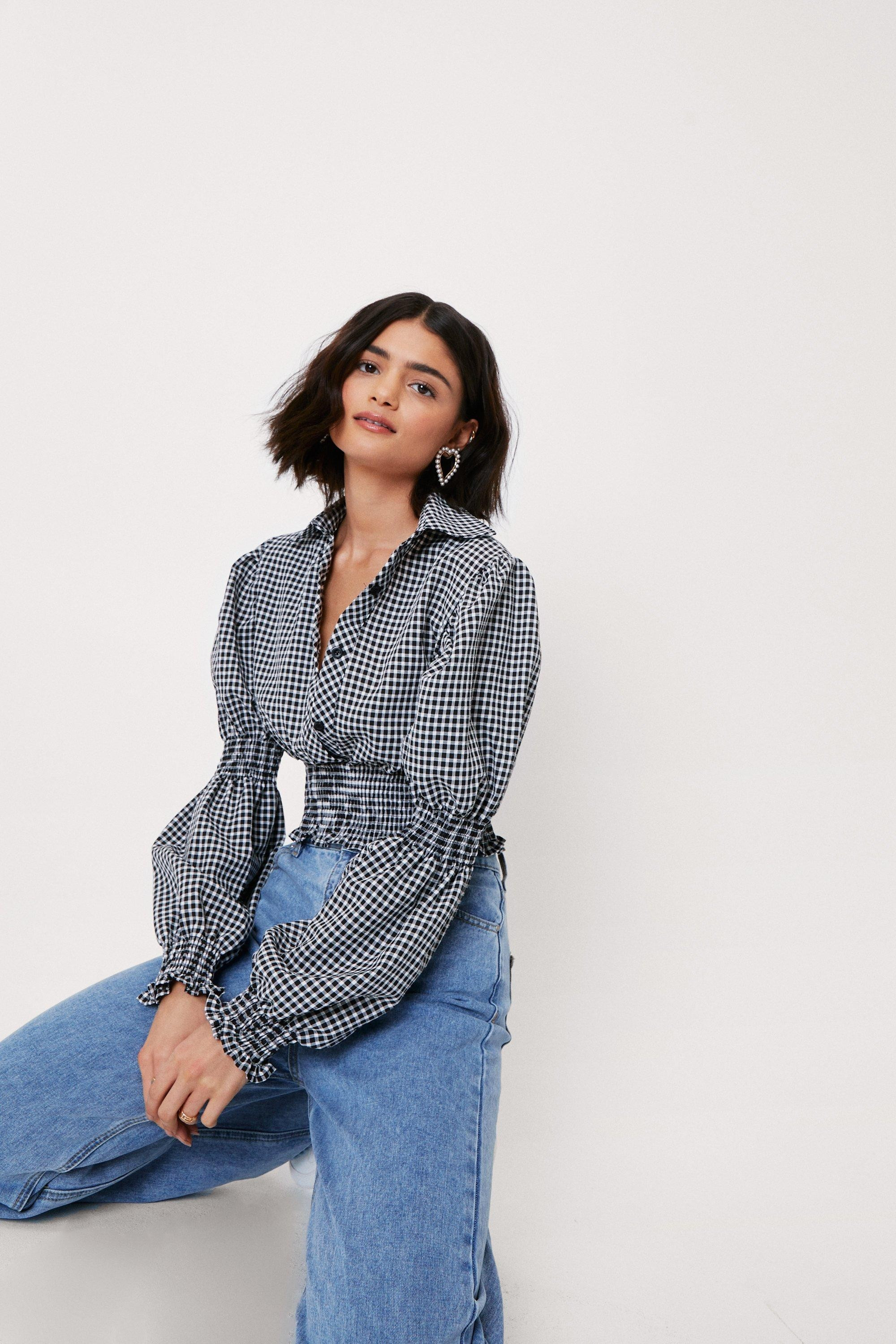 Gingham Print Shirred Waist Cropped Shirt | Nasty Gal (US)