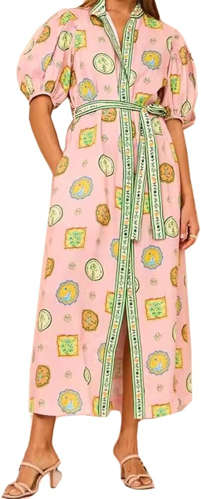 Women's Half Puff Sleeve Lapel Button Printed Bodycon Sexy Nightclub Vacation Belted Dress | Amazon (US)