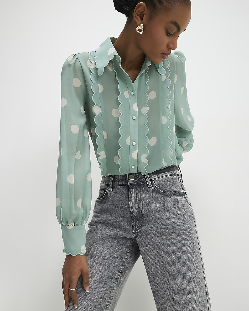 Blue Spot Print Scallop Trim Shirt | River Island UK & IE
