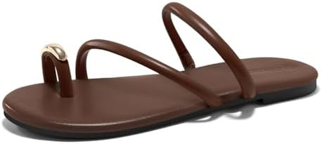 Coutgo Womens Strappy Flat Sandals Square Open Toe Flip Flops Slides Toe Ring Summer Dress Shoes | Amazon (US)