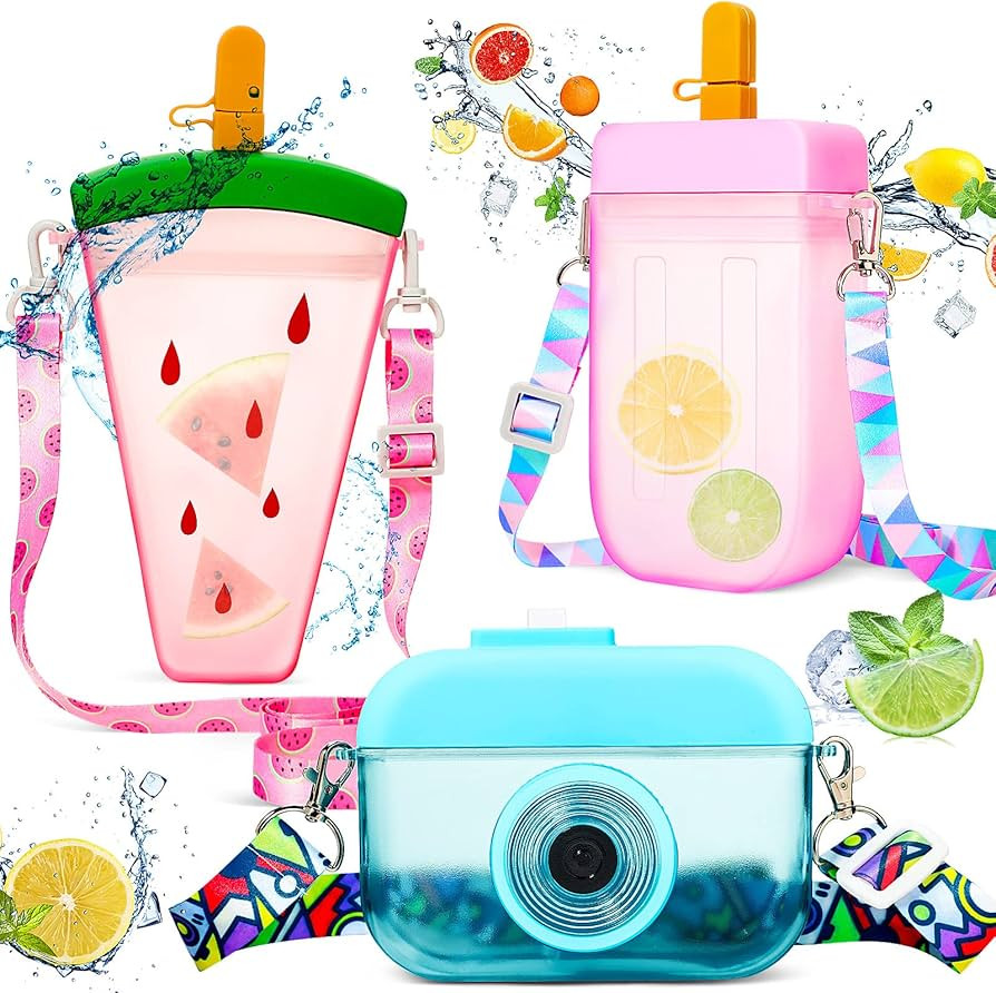 3 Pieces Cute Water Bottles with Straws Creative Kawaii Camera Shaped Ice Cream Bar Watermelon Ad... | Amazon (US)