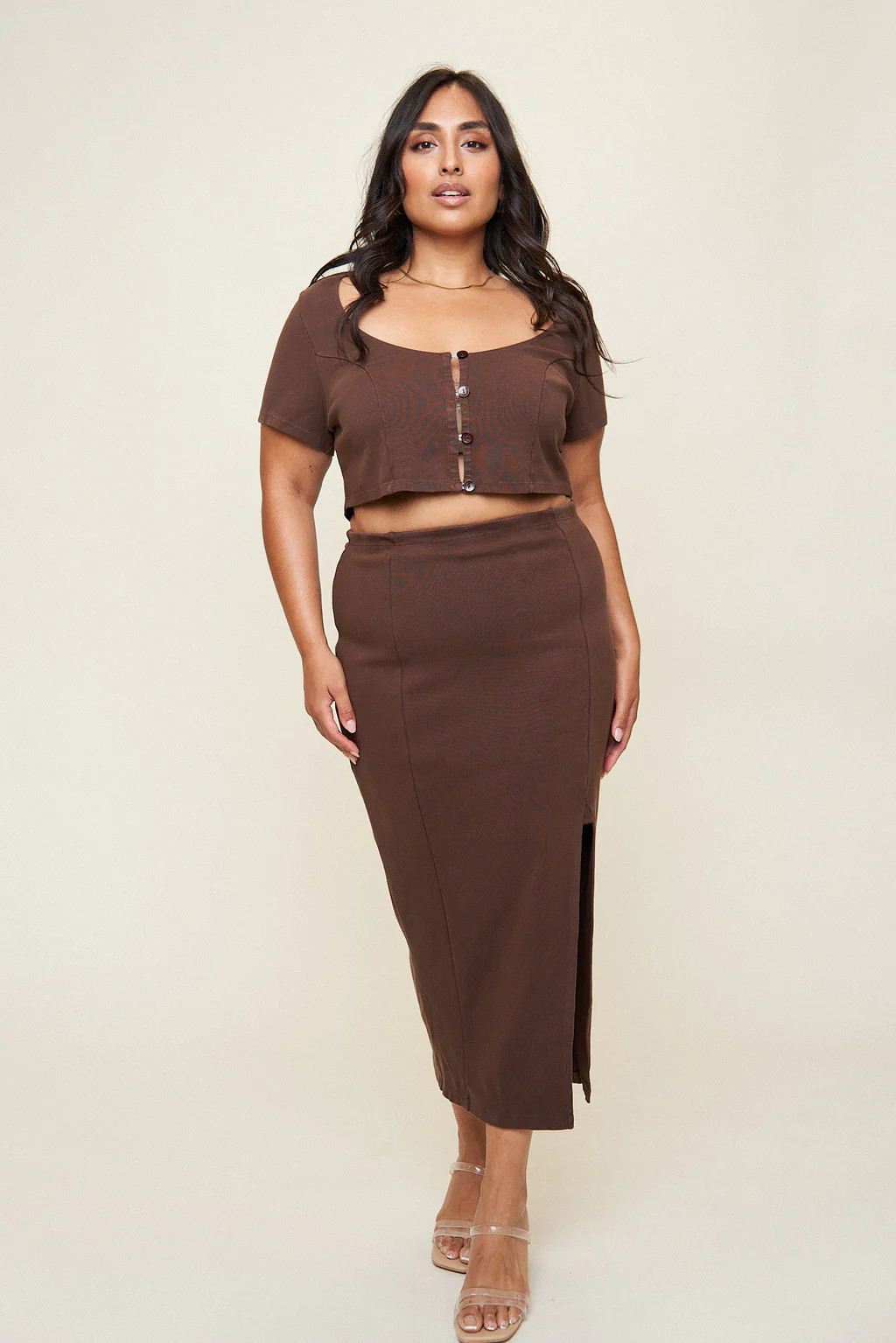 "Aubrey" Garment-Dyed Staple Midaxi Skirt in Chocolate | What Lo Wants