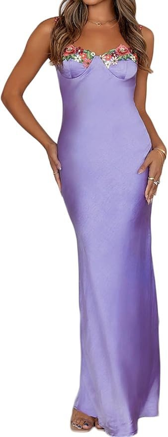 Sexy Satin Spaghetti Strap Floral Embroidered Maxi Dress for Women Sweetheart Neckline Backless S... | Amazon (US)