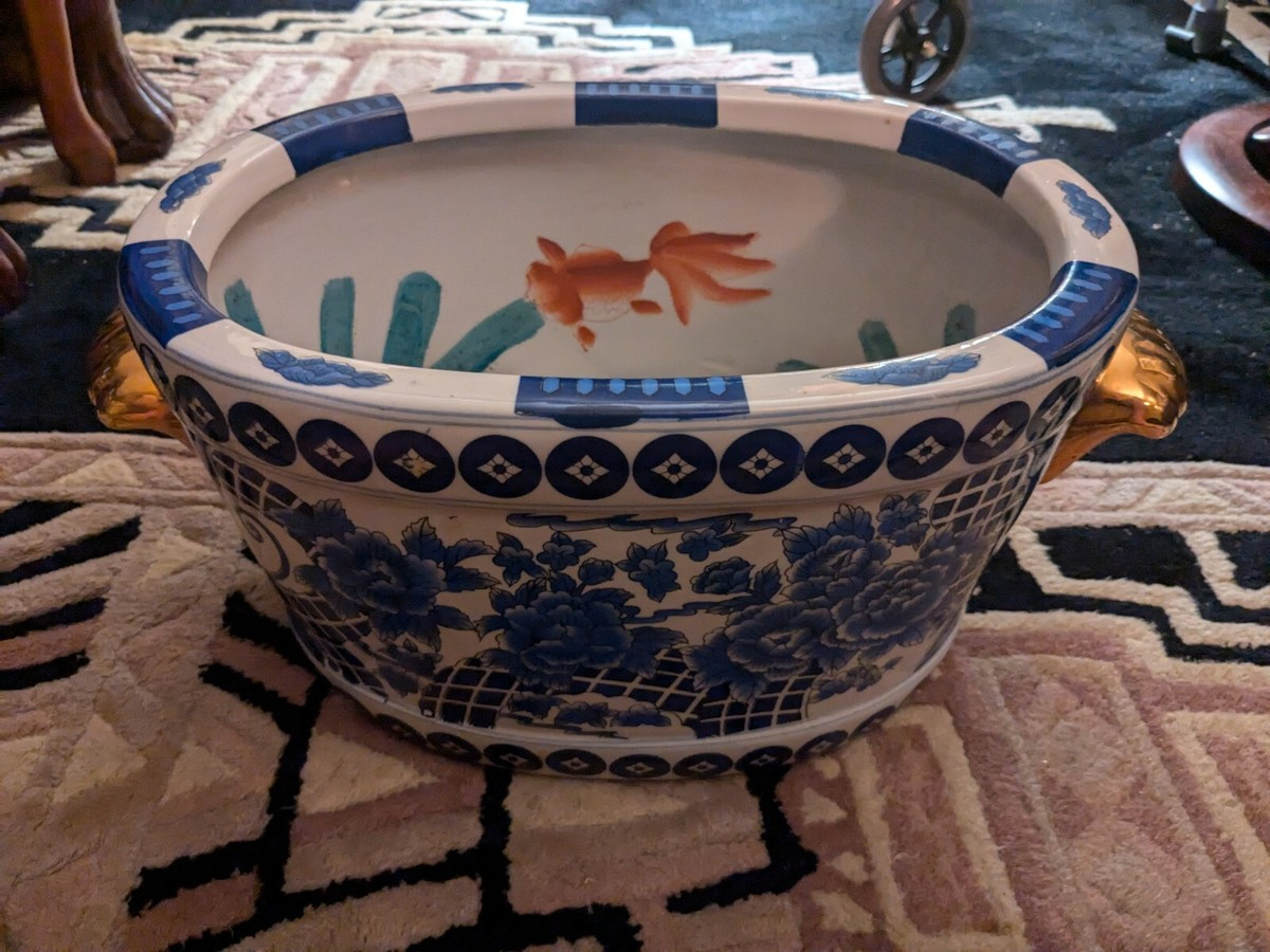 White Blue Floral Asian Planter Foot Bath Basin Coi Porcelain 17.5 10.5 8.5 | eBay US