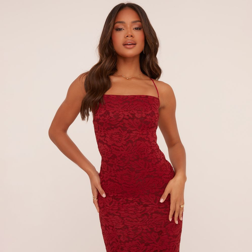 Bandeau Lace Up Back Maxi Dress In Wine Lace | EGO (UK)