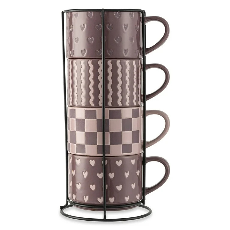 Thyme & Table 4 Pack Stacking Mugs, Purple Hearts, Purple Checkered and Purple Squiggles 11.1 fl ... | Walmart (US)