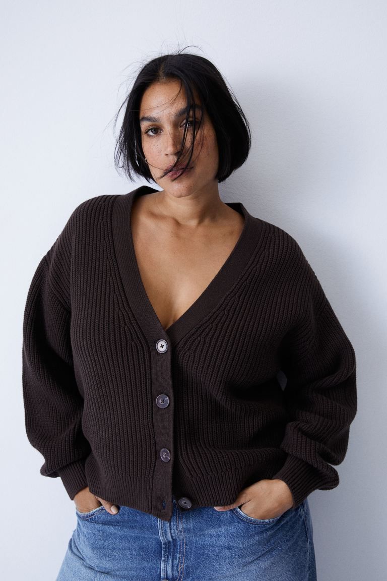 Rib-knit cardigan - Dark brown - Ladies | H&M GB | H&M (UK, MY, IN, SG, PH, TW, HK)