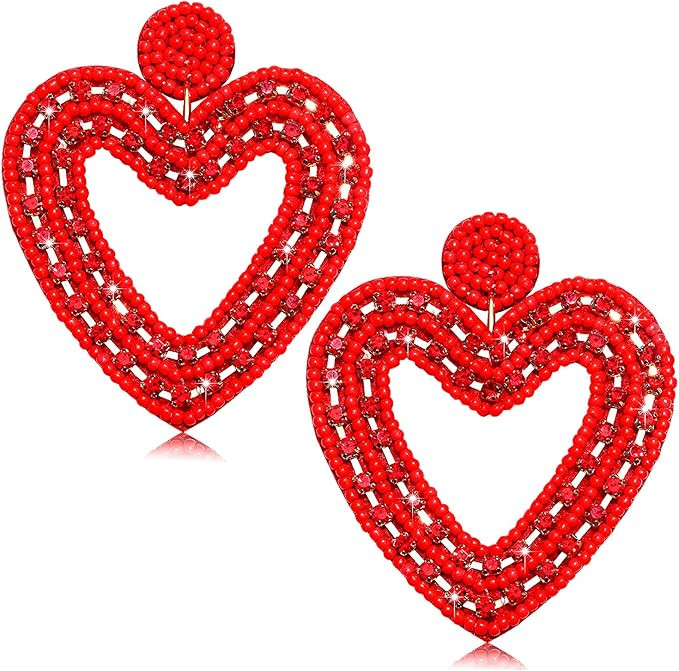 Amazon.com: XOCARTIGE Valentine’s Heart Earrings for Women Girls Beaded Heart Dangle Earrings R... | Amazon (US)