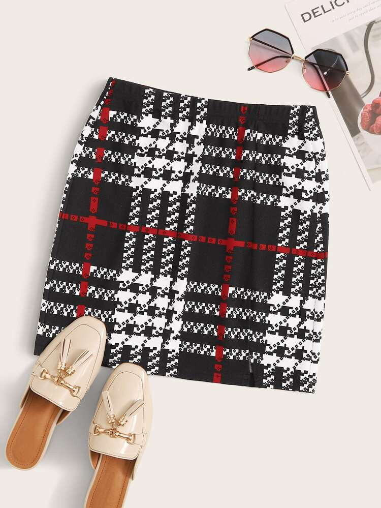 SHEIN Plus Split Hem Plaid Skirt | SHEIN