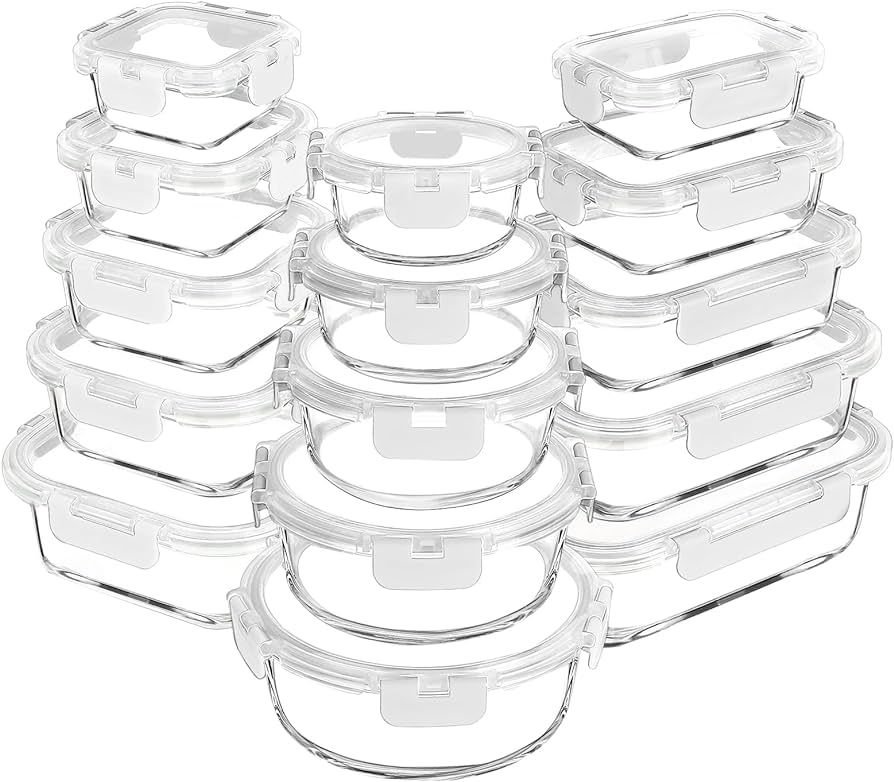 VERONES 30 Pieces Glass Meal Prep Containers Set, Airtight Glass Lunch Containers, Stackable Glas... | Amazon (US)