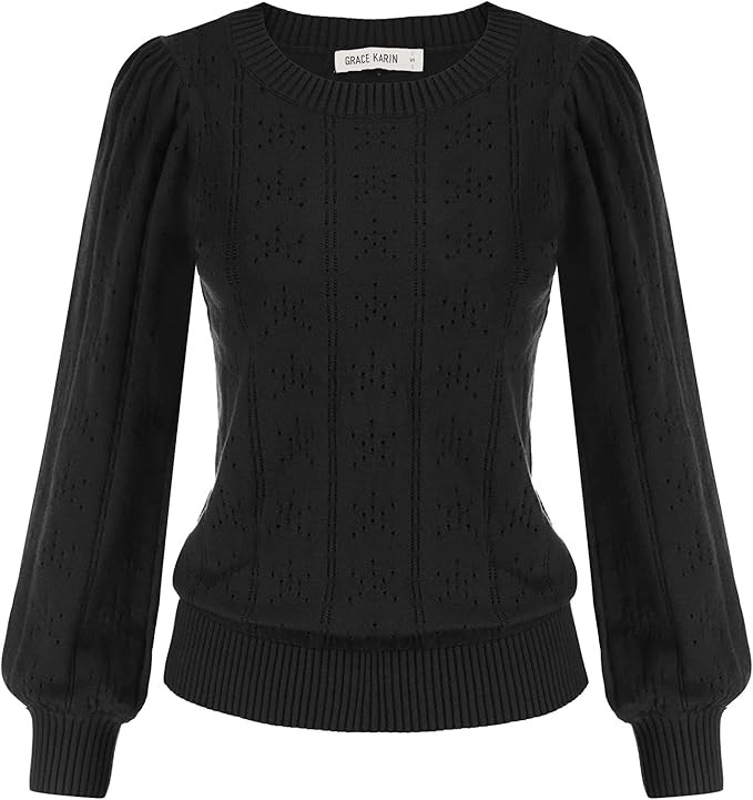 GRACE KARIN Women's Long Lantern Sleeve Crew Neck Crochet Top Hollow Out Fall Pullover Sweater | Amazon (US)