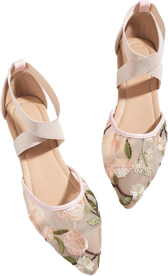 SweatyRocks Women's Floral Embroidered Mesh Dressy Ballet Flats Pointed Toe Crisscross Wedding Sh... | Amazon (US)