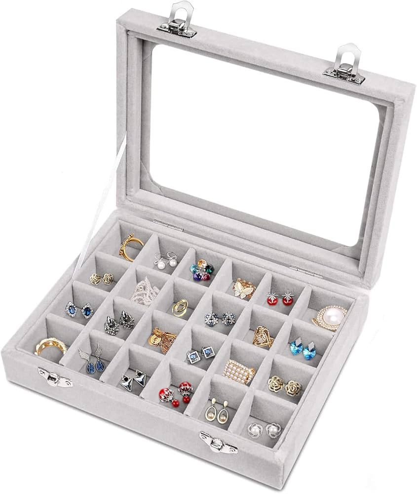 CBCYBER Jewelry Box 24 Grid Velvet Jewelry Tray for Drawers Glass Clear Lid Showcase Display Stor... | Amazon (US)