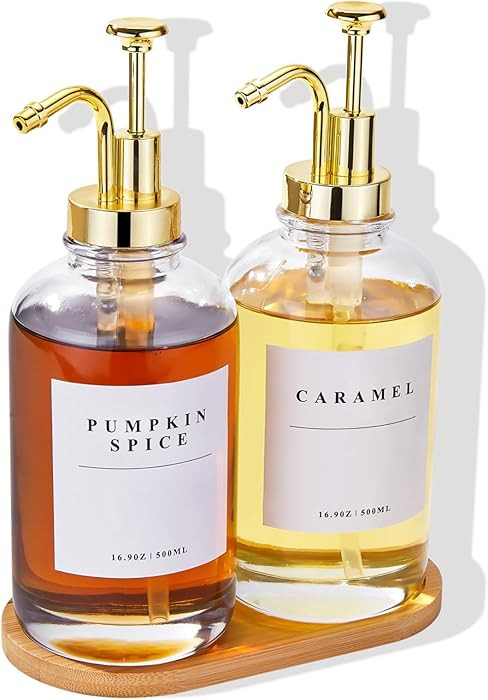 Coffee Syrup Dispenser for Coffee Bar, Coffee Syrup Pump Dispenser, Glass Syrup Bottle with Gold ... | Amazon (US)