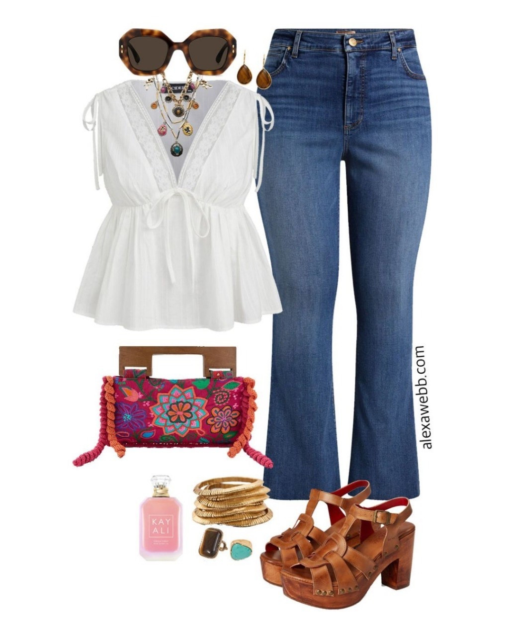 Plus Size Boho Jeans Outfit - A plus size casual summer with a Bohemian vibe! A pair of plus size flare leg jeans, a white lace trimmed top, chunky wooden sandals, and an embroidered clutch bag come together to make a head-turning boho look. Alexa Webb #plussize

#LTKOver40 #LTKStyleTip #LTKPlusSize