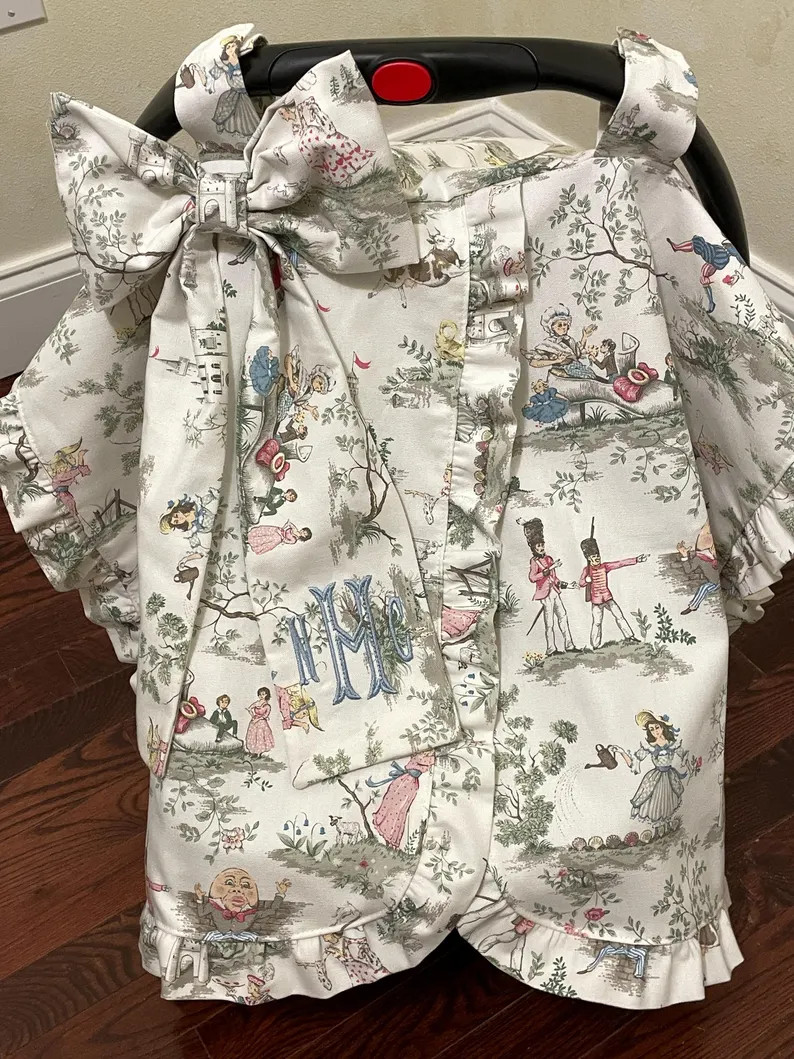 Nursery Rhyme Toile Car Seat Canopy With Large Bow and Ruffle, Monogrammed Car Seat Tent, Persona... | Etsy (US)