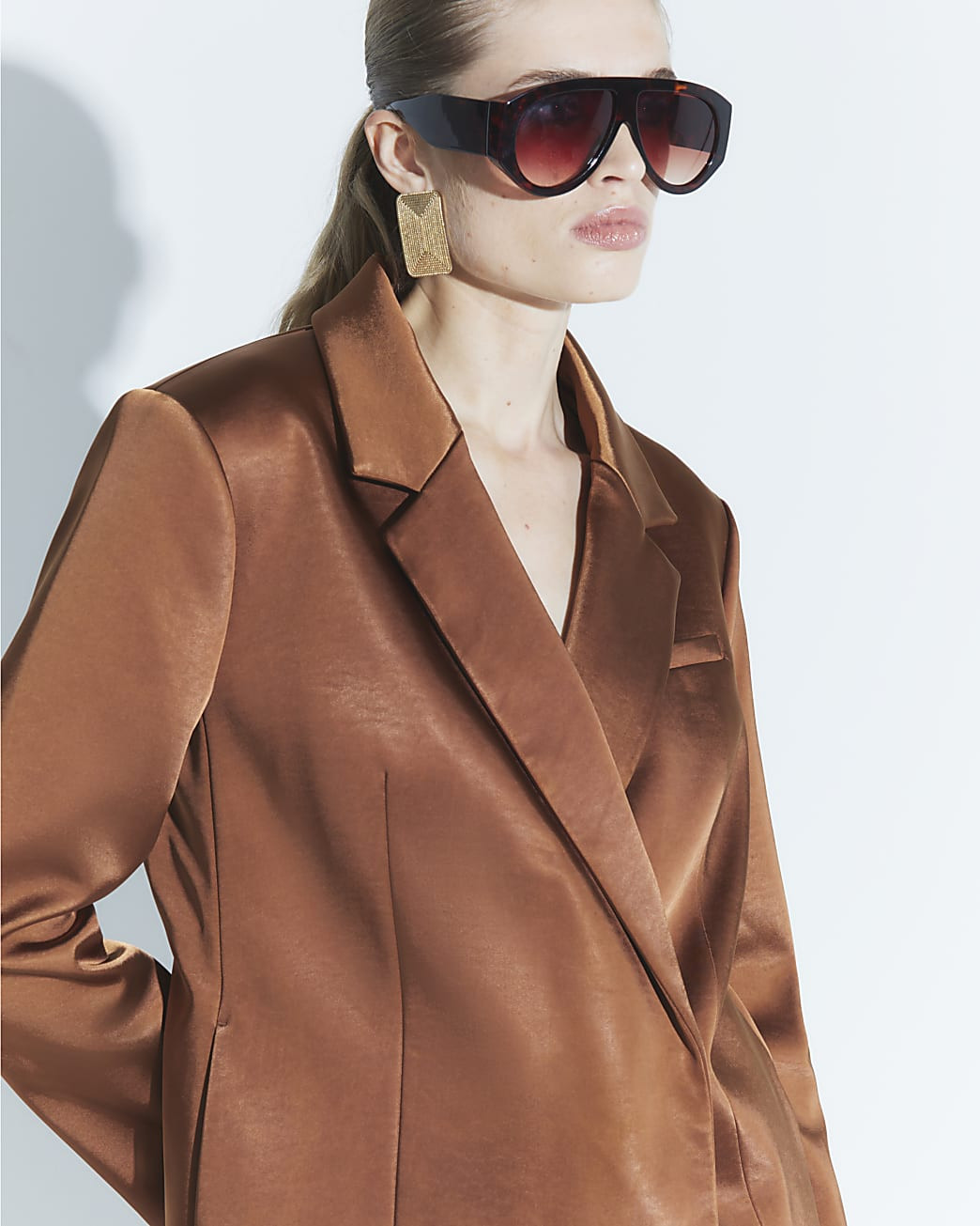 Brown Bonded Satin Double Breasted Blazer | River Island (UK & IE)