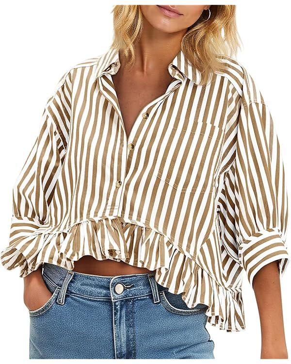 Cicy Bell Womens Cropped Striped Button Down Shirts Ruffle 3/4 Length Sleeve Summer Tops Dressy C... | Amazon (US)