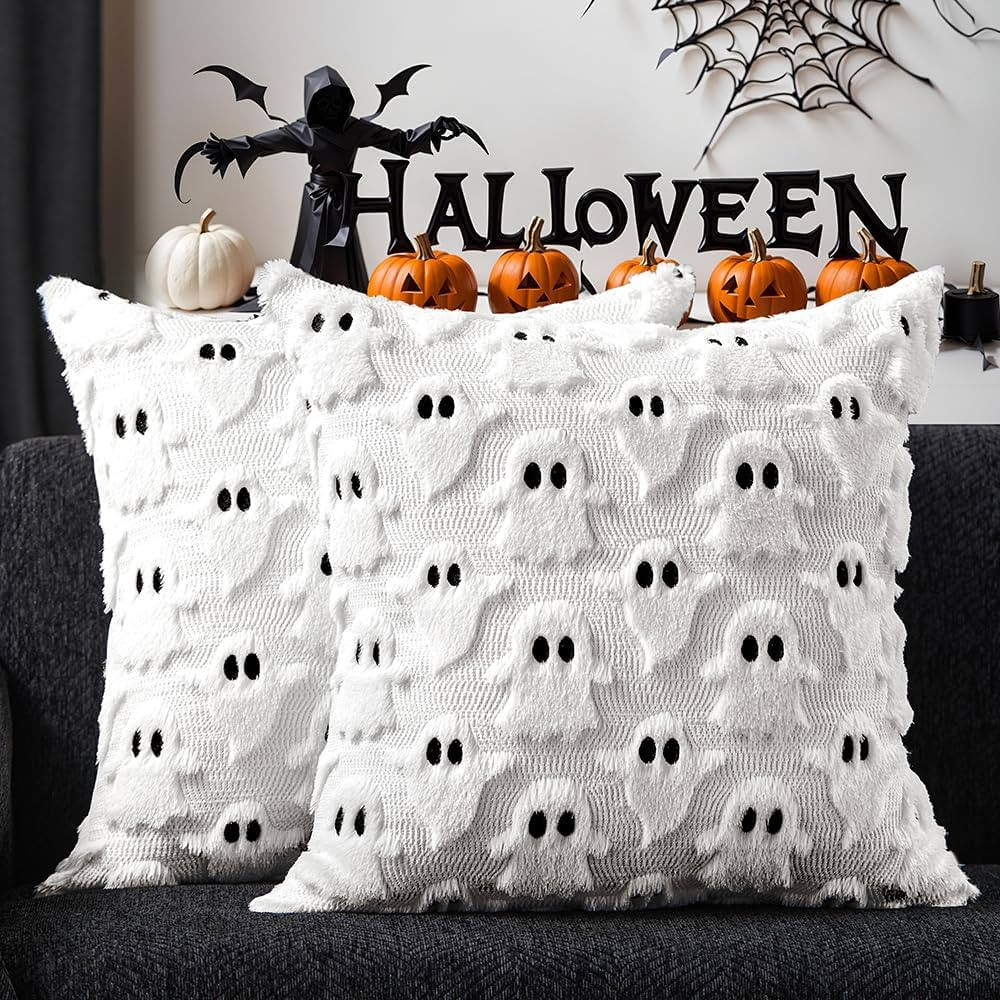 DFXSZ Halloween Pillow Covers 18x18 inch Set of 2 White Ghost Throw Pillow Cases Soft Plush Faux ... | Amazon (US)