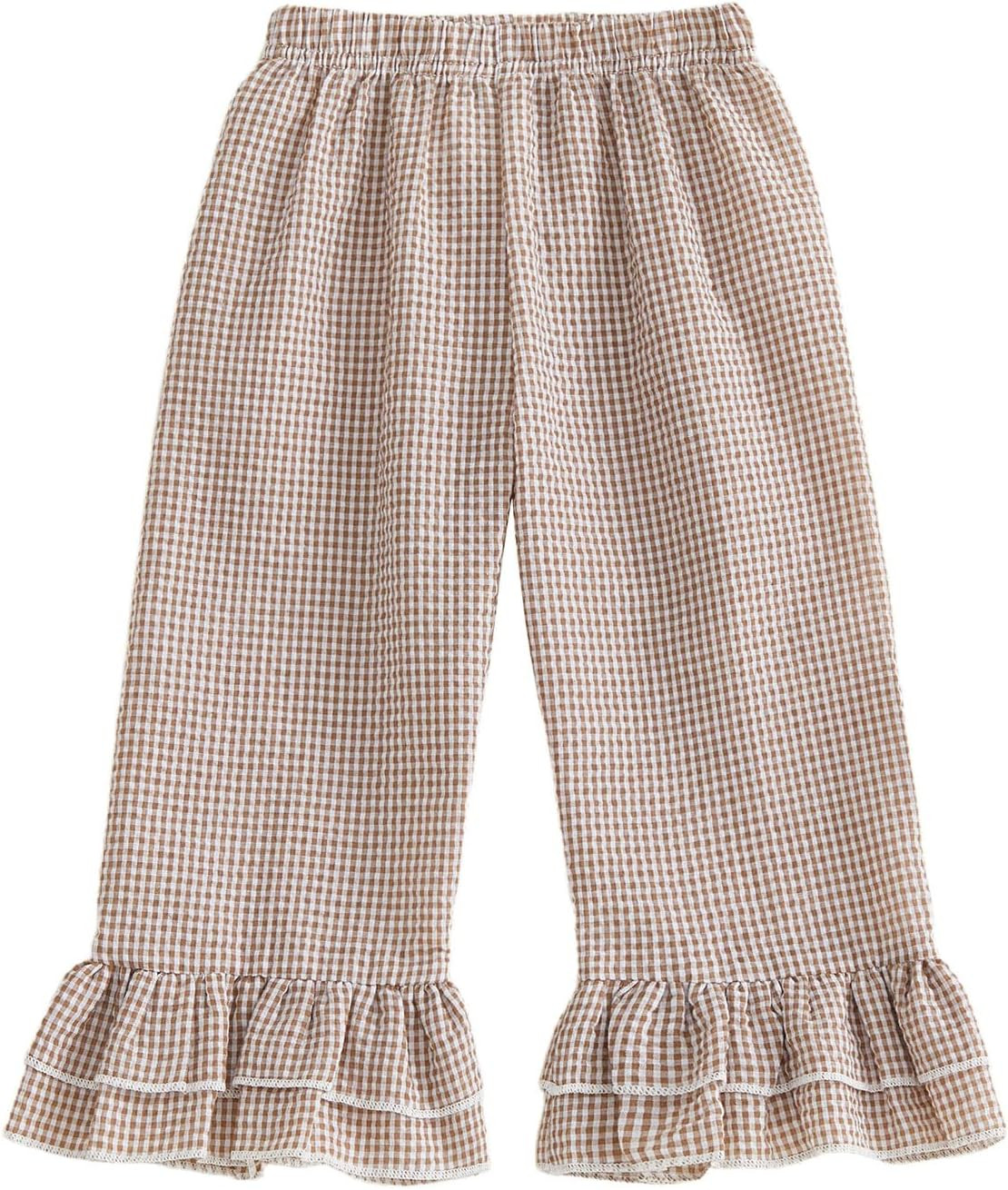 Kids Toddler Girls Ruffle Flare Pants Casual Gingham Plaid Seersucker Pants Elastic Waist Loose Bottoms Trousers | Amazon (US)
