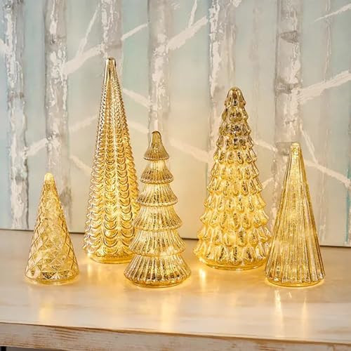 Set of 5 Illuminated Mercury Glass Trees,Mercury Glass Christmas Tree with Led,Light Up Xmas Ornaments,Christmas Decorations Tree Figurine for Xmas Decor Home Party Centerpiece Mantel Gift | Amazon (US)